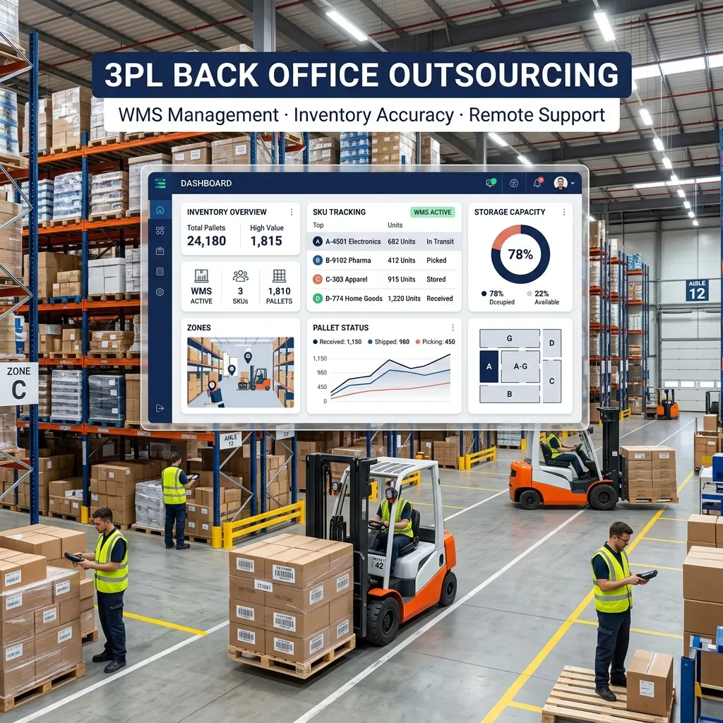 Warehouse distribution center with digital logistics dashboard and remote back office support