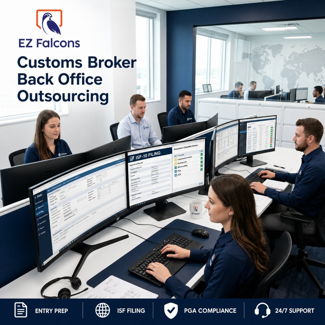customs broker back office outsourcing remote team preparing customs entries ISF filing and compliance data for US brokerage firms
