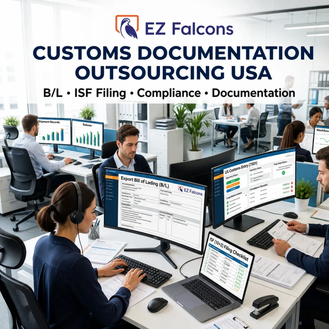 customs documentation outsourcing USA remote specialist preparing bill of lading ISF filing and freight documents for logistics companies
