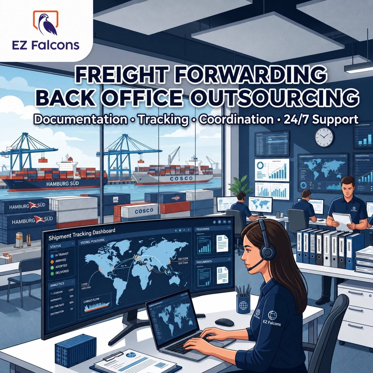 freight forwarding back office outsourcing remote team managing documentation shipment tracking and logistics operations USA