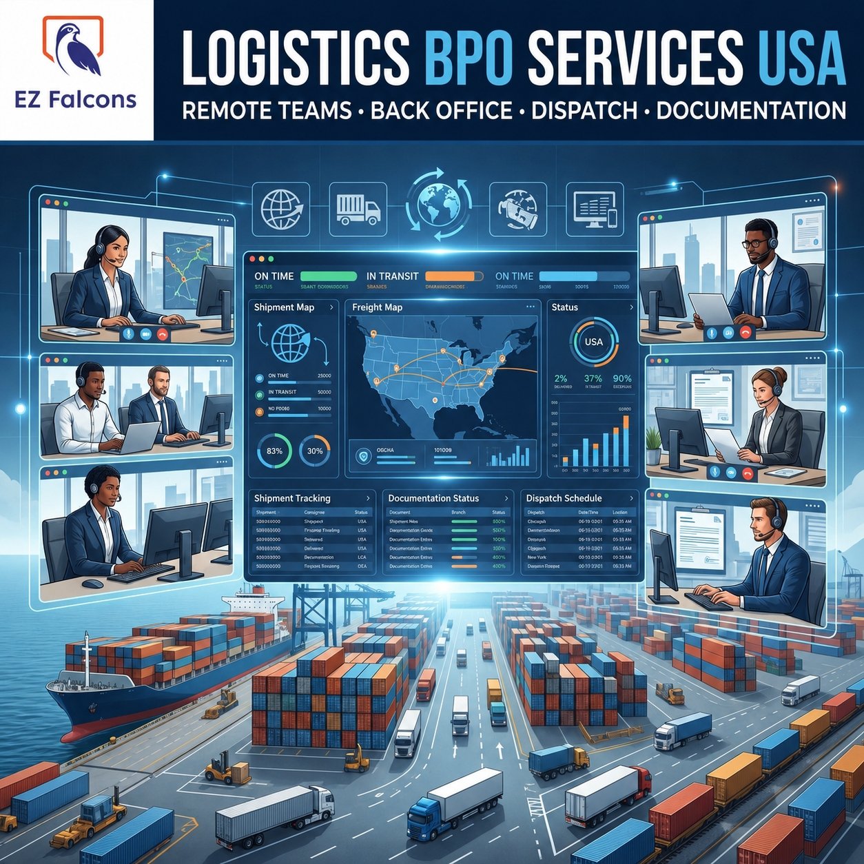 Logistics BPO Services USA | EZ Falcons logistics BPO services USA remote logistics team managing back office operations for freight forwarders trucking companies and NVOCCs