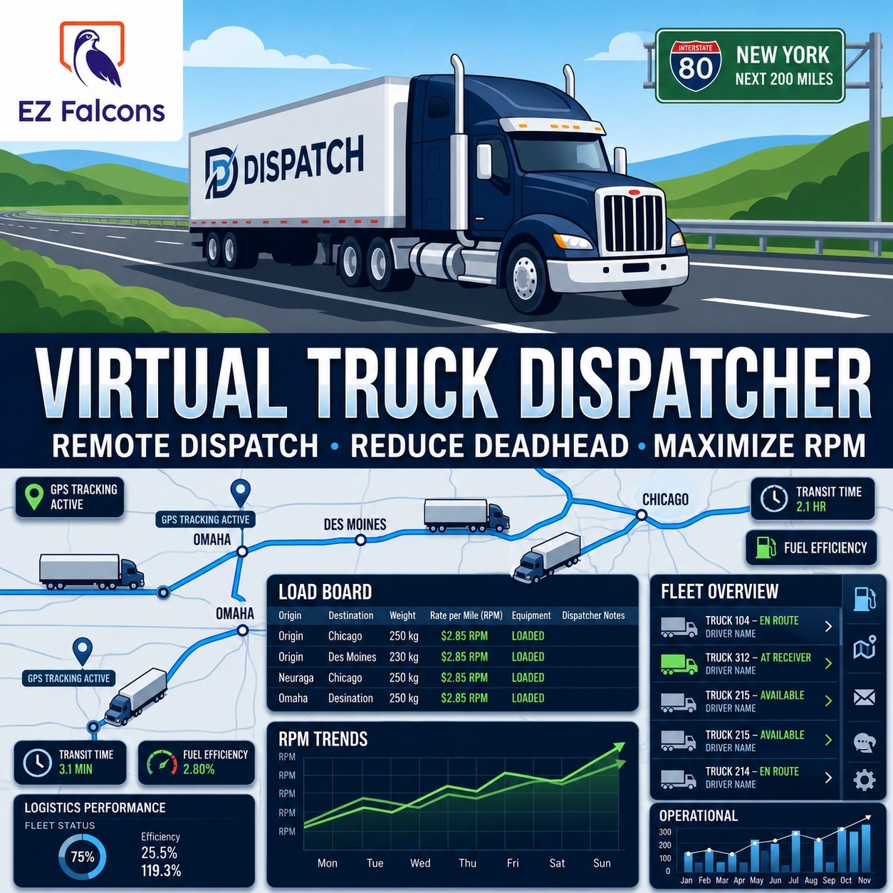Virtual truck dispatcher managing routes and loads for trucking companies and owner operators