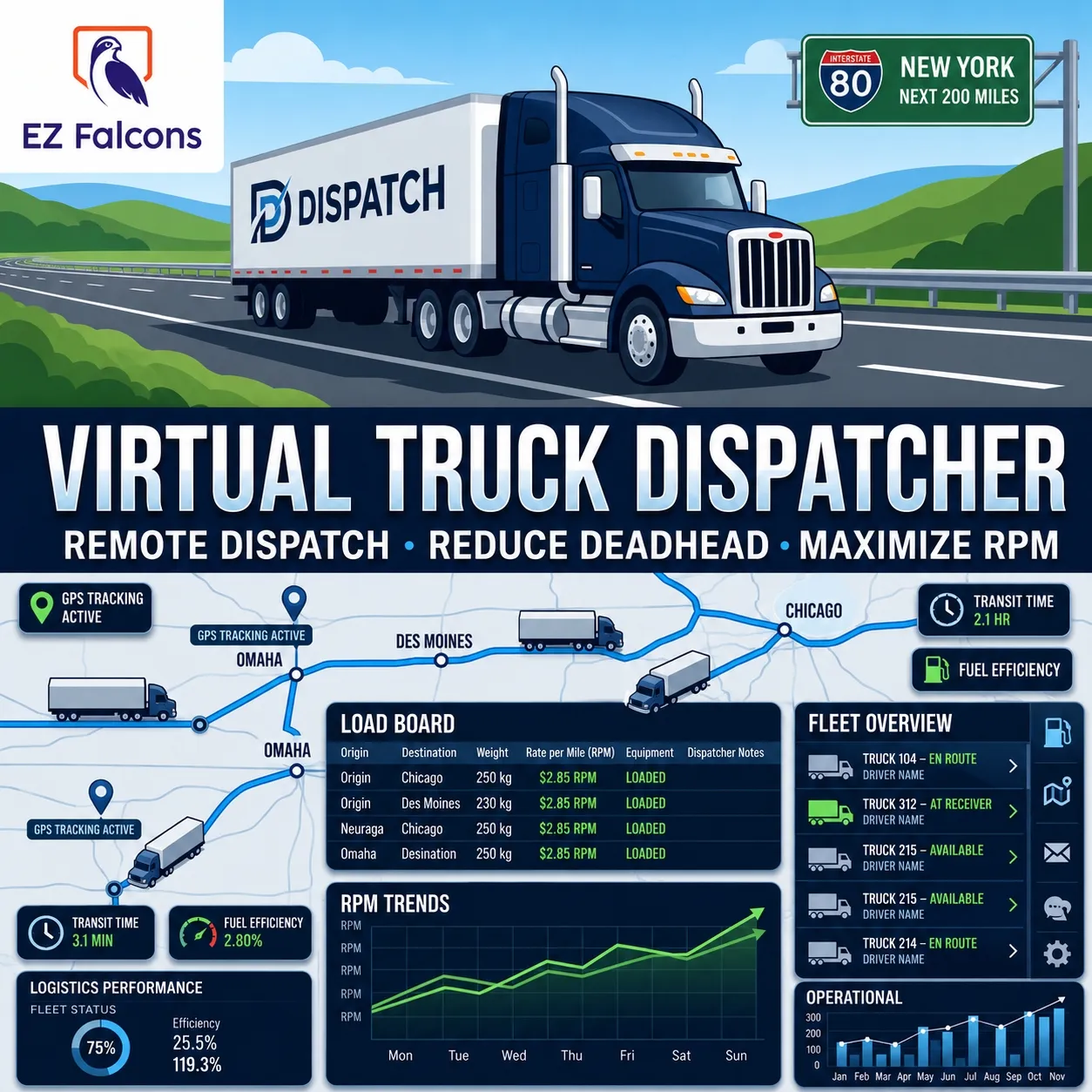 Virtual truck dispatcher managing routes and loads for trucking companies and owner operators