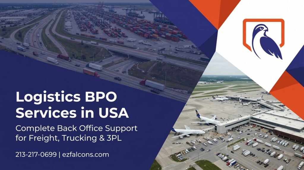 Logistics BPO services in USA — aerial view of a freight port with navy blue overlay representing EZ Falcons back office support for trucking and 3PL operations